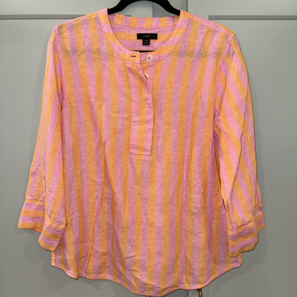 J. Crew Women's 100% Linen Tunic Pink/Orange Striped Size XS Popover Blouse